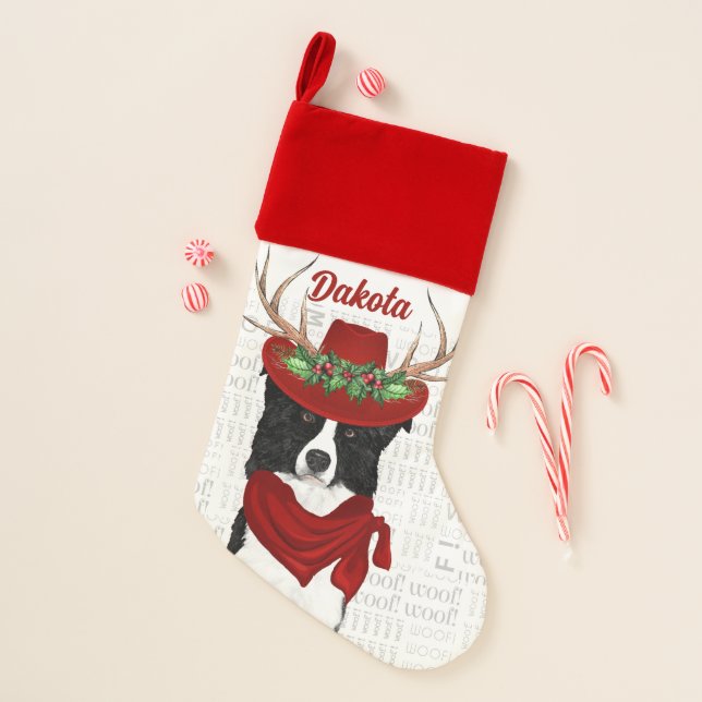 Holiday Border Collie with Dog's Name Christmas Stocking (Front)