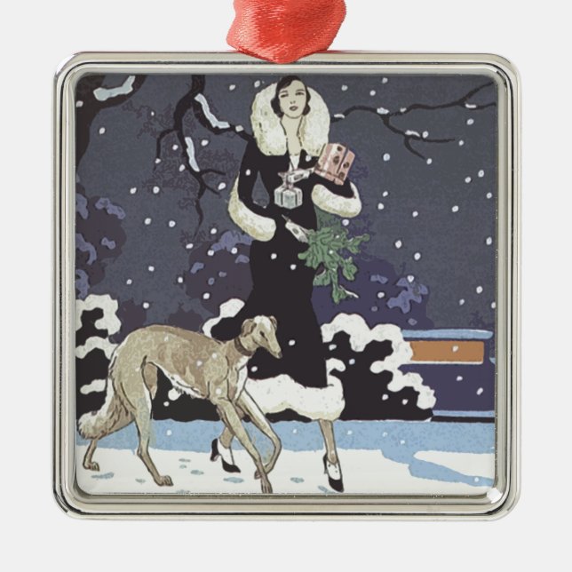 Holiday Borzoi Lady In Snow Metal Ornament (Front)