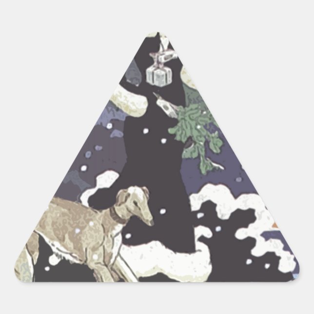 Holiday Borzoi Lady In Snow Triangle Sticker (Front)