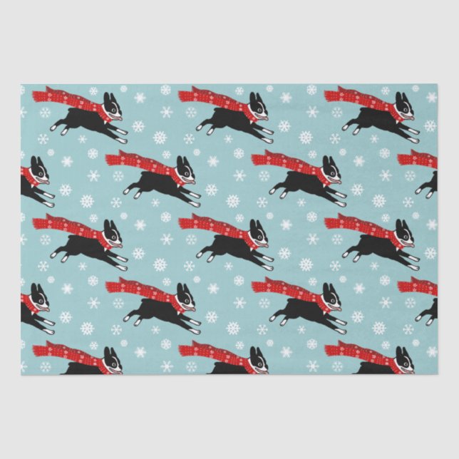 Holiday Boston Terrier with Snowflakes Christmas Tissue Paper (Front)