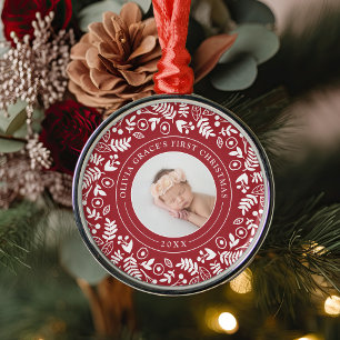 Holiday Botanical   Baby's First Christmas Photo Metal Ornament
