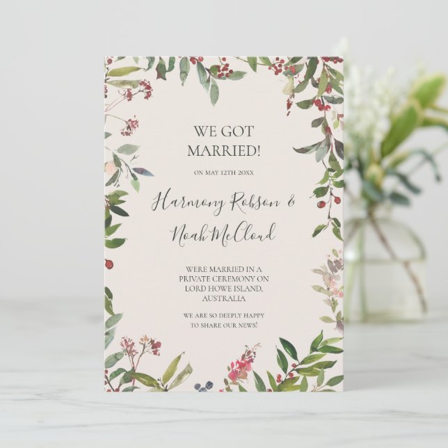 Holiday Botanical Champagne Elopement Announcement (Standing Front)