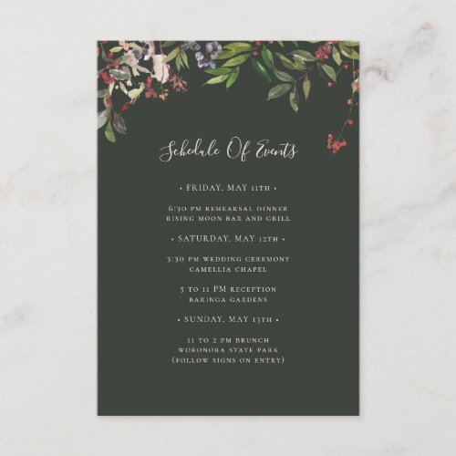Holiday Botanical  Dark Green Schedule of Events Enclosure Card