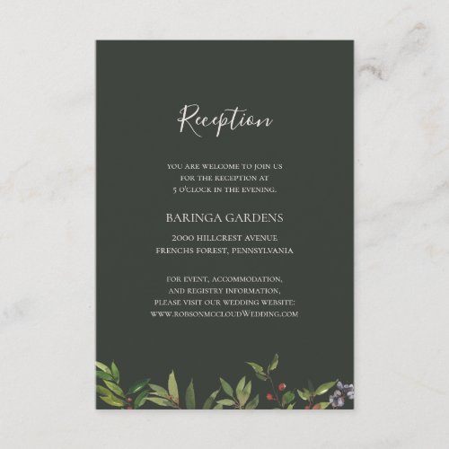 Holiday Botanical  Dark Green Wedding Reception Enclosure Card