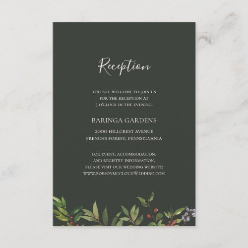 Holiday Botanical  Dark Green Wedding Reception Enclosure Card