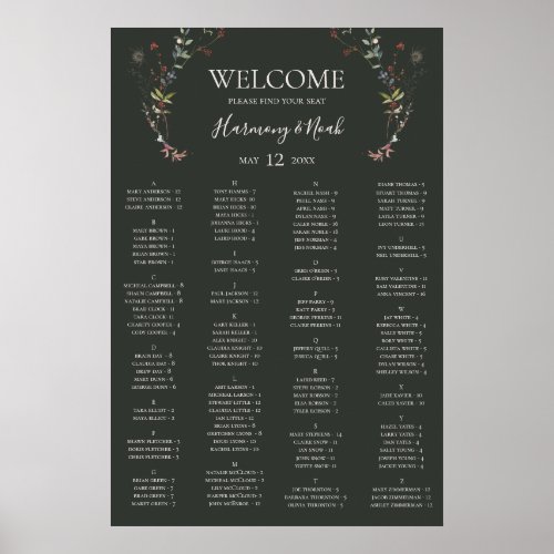 Holiday Botanical Green Alphabetical Seating Chart