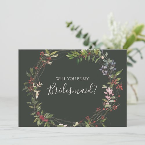Holiday Botanical Green Bridesmaid Proposal Card