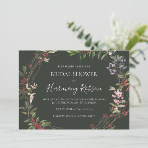 Holiday Botanical Green Horizontal Bridal Shower Invitation