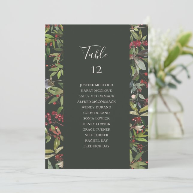 Holiday Botanical Green Table Number Seating Chart (Standing Front)