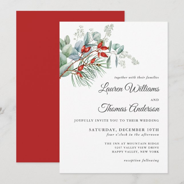 Holiday Botanical Greenery and Berries Wedding Invitation (Front/Back)