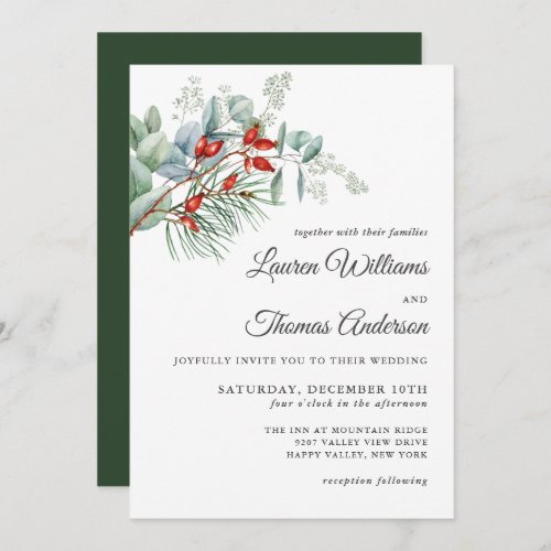 Holiday Botanical Greenery and Berries Wedding Invitation