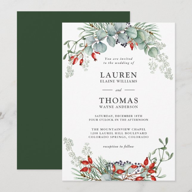 Holiday Botanical Greenery and Berries Wedding Invitation (Front/Back)