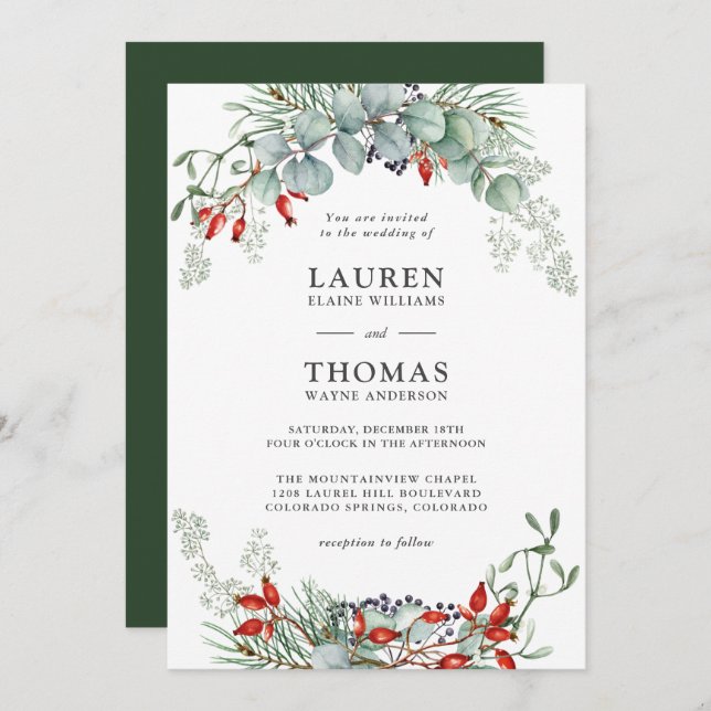 Holiday Botanical Greenery and Berries Wedding Invitation (Front/Back)