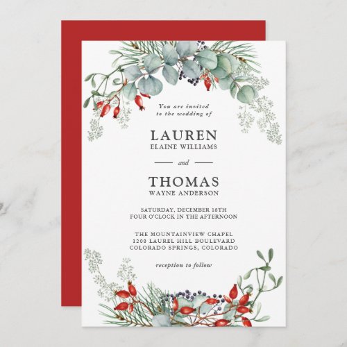 Holiday Botanical Greenery and Berries Wedding Invitation