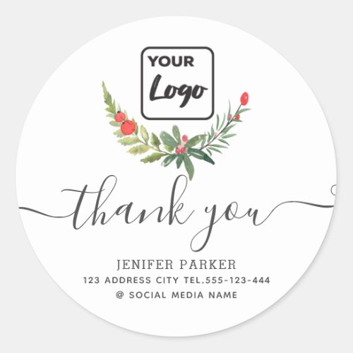 Holiday botanical holly  custom logo thank you classic round sticker