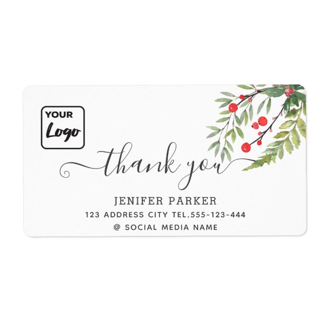 Holiday botanical holly  custom logo thank you label (Front)