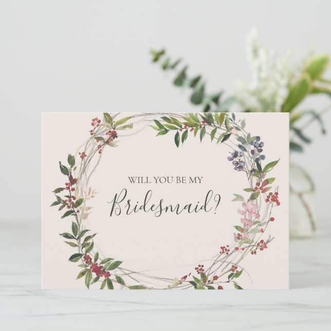 Holiday Botanical Ivory Bridesmaid Proposal Card (Standing Front)