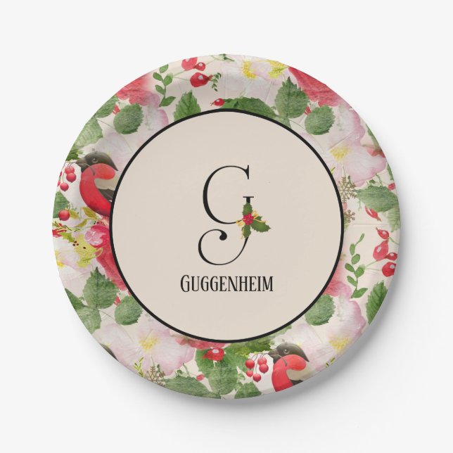 Holiday Botanical Pattern Monogram Initial G Paper Plates (Front)