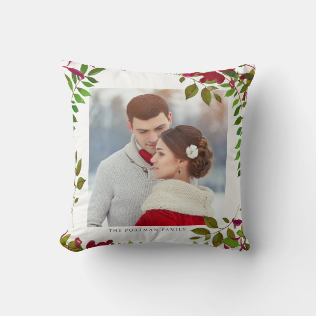 Holiday Botanical Photo and Name Pillow (Front)