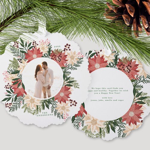 Holiday Botanical Poinsettia Photo Christmas Ornament Card