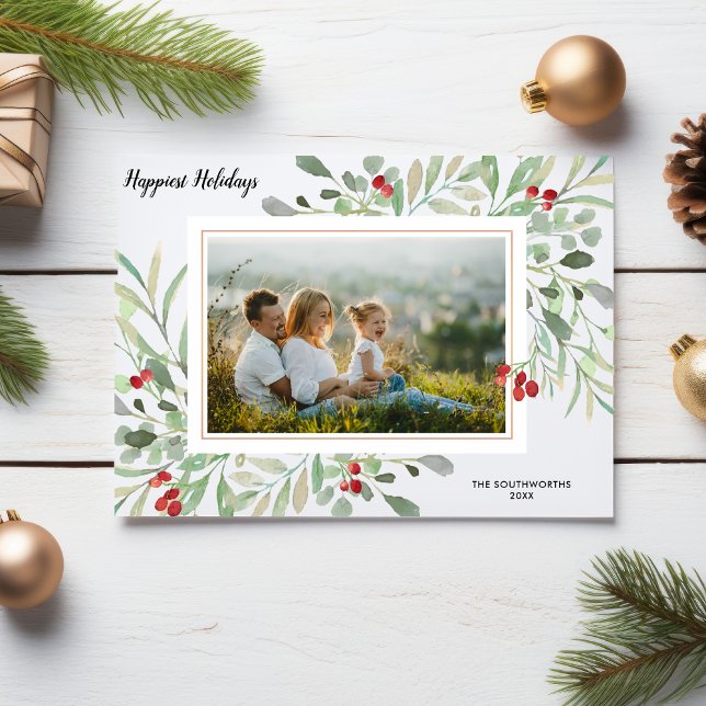 Holiday Botanical Red Berries Family Photo Collage Card (Creator Uploaded)