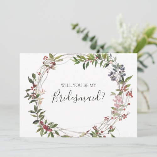 Holiday Botanical White Bridesmaid Proposal Card
