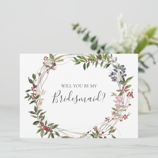 Holiday Botanical White Bridesmaid Proposal Card (Standing Front)