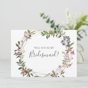Holiday Botanical White Bridesmaid Proposal Card