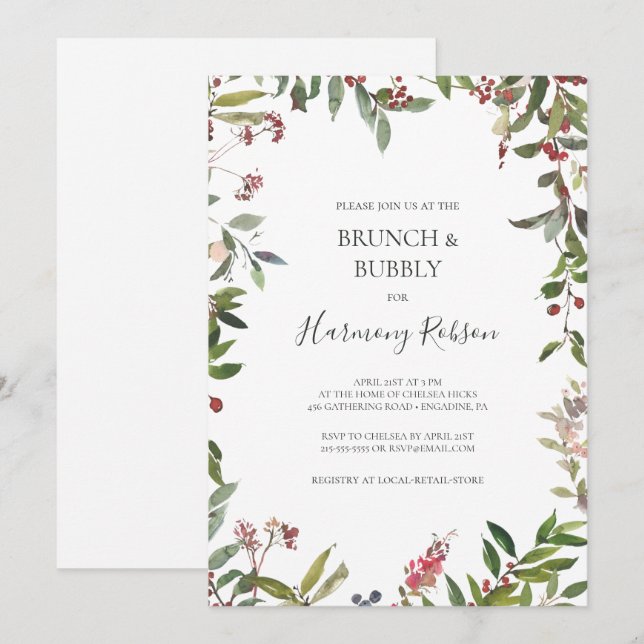 Holiday Botanical White Brunch and Bubbly Shower Invitation (Front/Back)