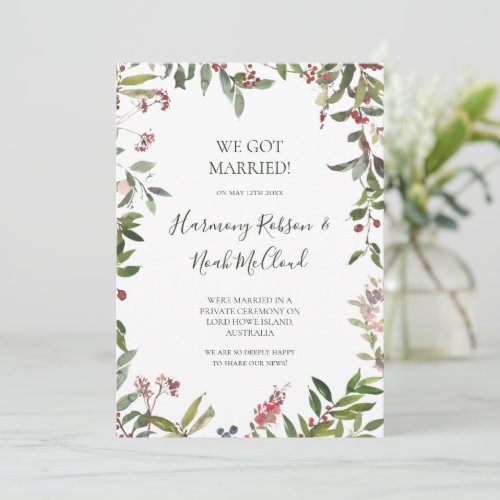 Holiday Botanical White Elopement Announcement