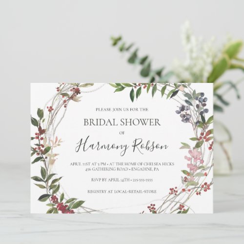 Holiday Botanical  White Horizontal Bridal Shower Invitation