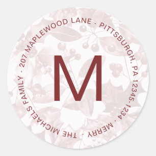 Holiday Botanical With Red Monogram and Address Classic Round Sticker