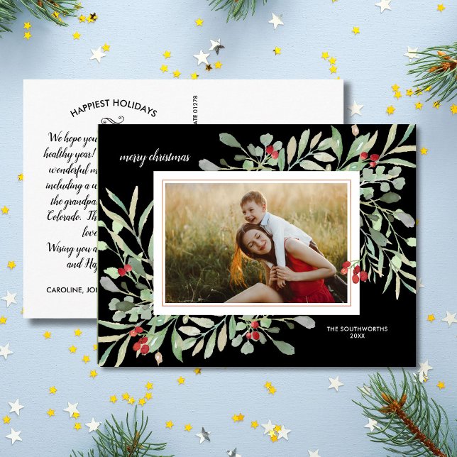 Holiday Botanicals Family Photo Elegant Black Postcard (Creator Uploaded)