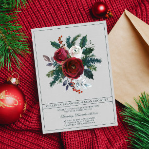 Holiday Bouquet Burgundy Evergreen Bouquet Wedding Invitation