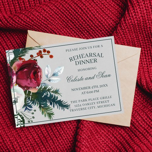 Holiday Bouquet Evergreen Photo Rehearsal Dinner Invitation