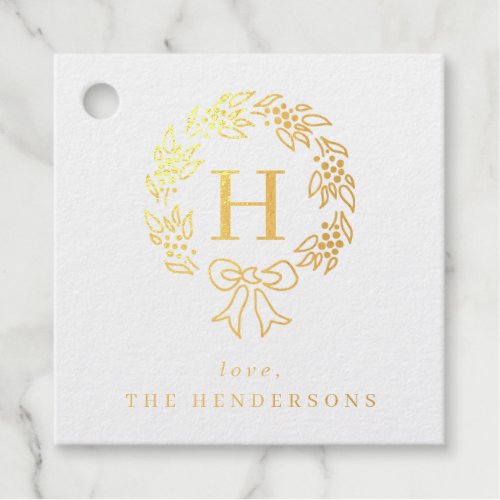 Holiday Bow Wreath Family Monogram  Foil Favor Tags