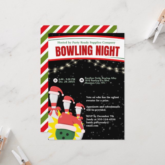 Holiday Bowling Night Santa Hats Black Background Invitation (Front/Back In Situ)