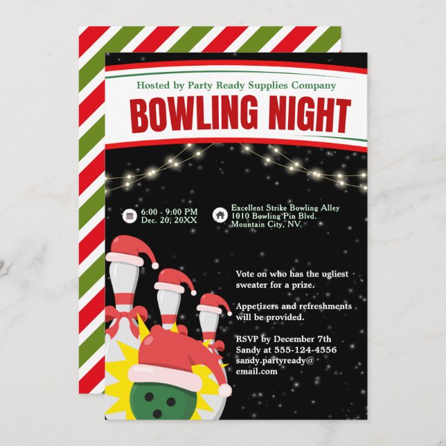 Holiday Bowling Night Santa Hats Black Background Invitation (Front/Back)
