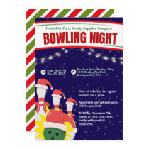 Holiday Bowling Night Santa Hats Blue Background Invitation