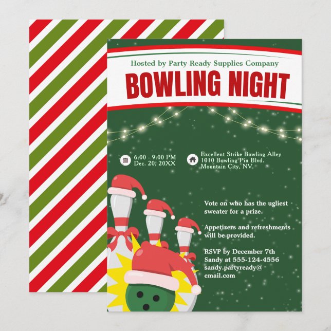 Holiday Bowling Night Santa Hats Green Background Invitation (Front/Back)