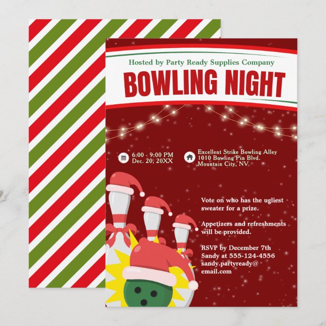 Holiday Bowling Night Santa Hats Red Background Invitation (Front/Back)