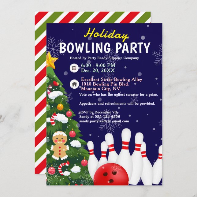 Holiday Bowling Party Xmas Tree Blue Background Invitation (Front/Back)