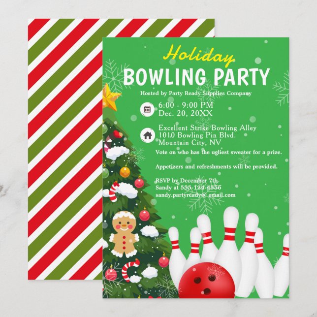 Holiday Bowling Party Xmas Tree Green Background Invitation (Front/Back)