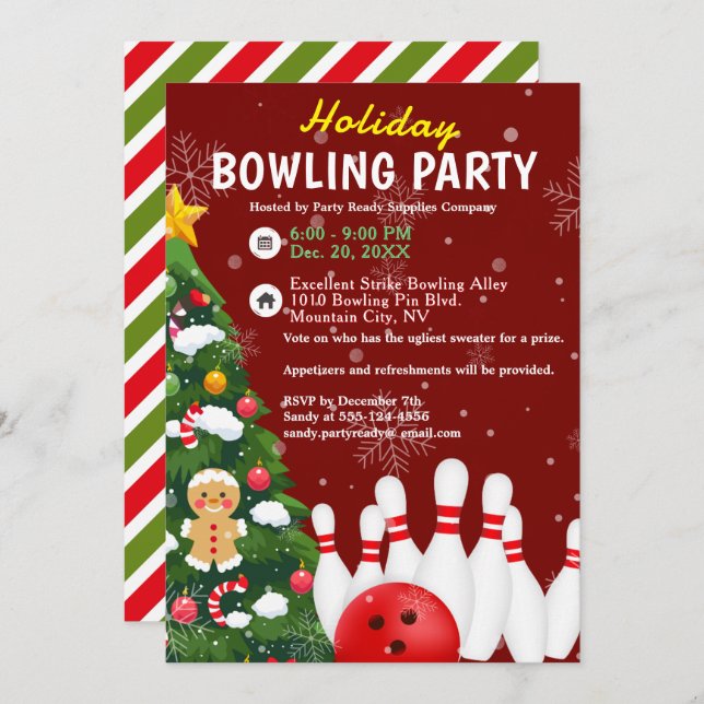 Holiday Bowling Party Xmas Tree Red Background Invitation (Front/Back)