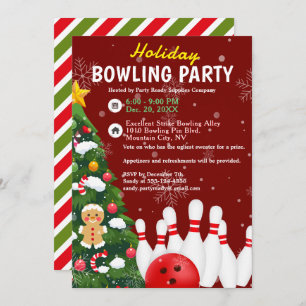 Holiday Bowling Party Xmas Tree Red Background Invitation