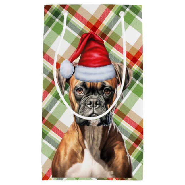 Holiday Boxer and Festive Holiday Plaid Christmas Small Gift Bag (Front)