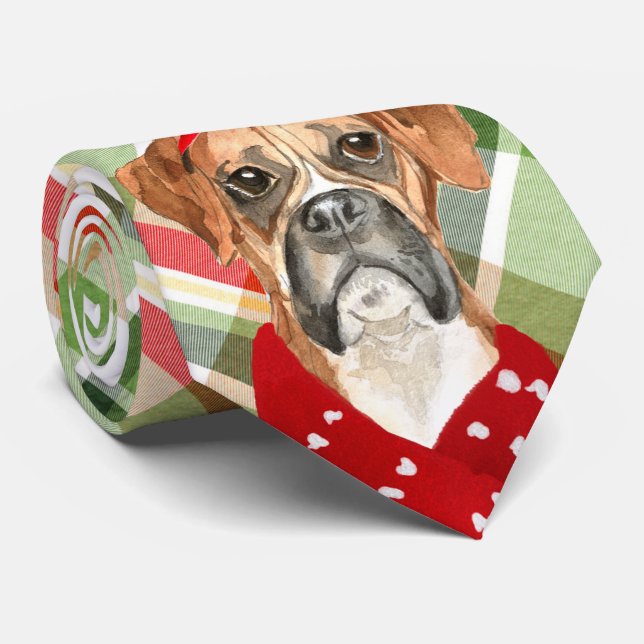 Holiday Boxer Dog Red and Green Plaid Christmas Neck Tie (Rolled)
