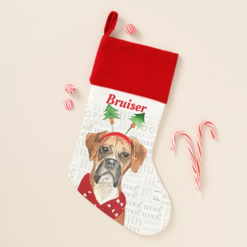 Holiday Boxer Dog with Name Christmas Stocking