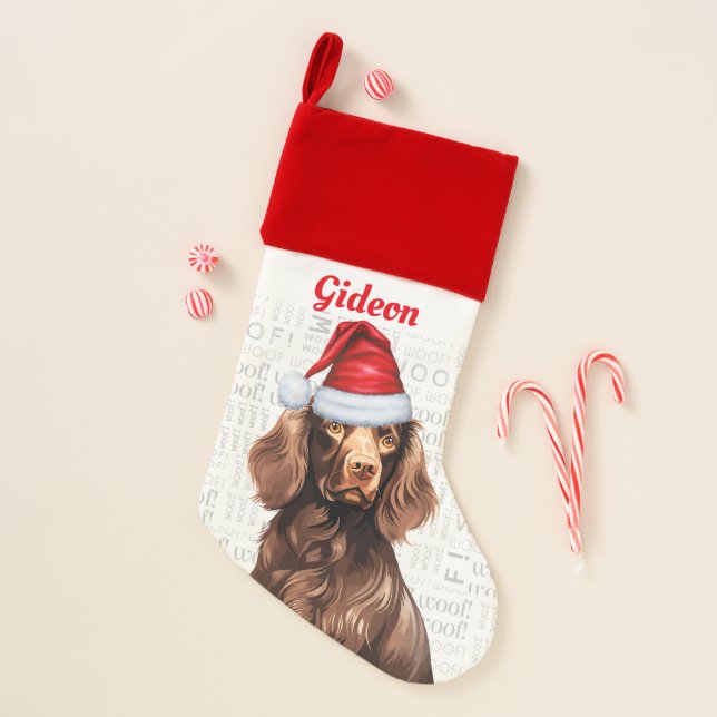 Holiday Boykin Spaniel Dog with Name Christmas Stocking (Front)