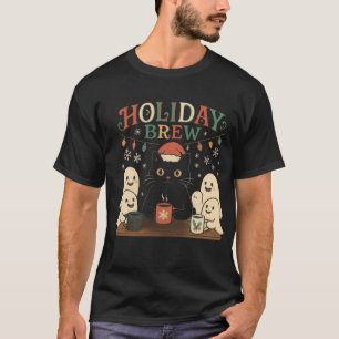 Holiday Brew - Cute Black Cat & Ghosts Christmas T-Shirt